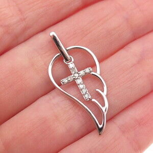 Charles Winston 925 Sterling Silver Real Diamond Cross Angel Wing Charm Pendant